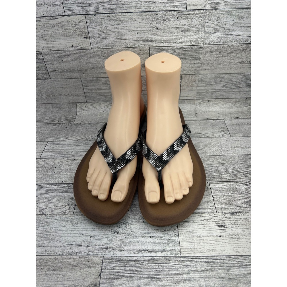 Skechers Luxe Foam Rhinestone‎ Flip Flop Sandals Women Size 10 Brown Silver